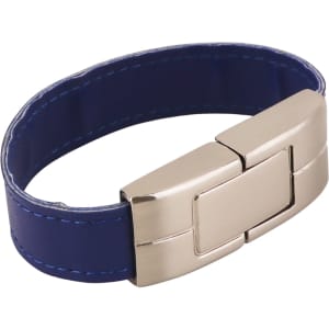 A blue leather bracelet with a silver clasp, featuring a logo and designed as a flash drive.