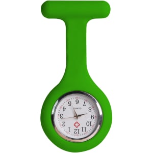A green silicone nurse watch with a round face displaying a clock. It features a logo on the back.