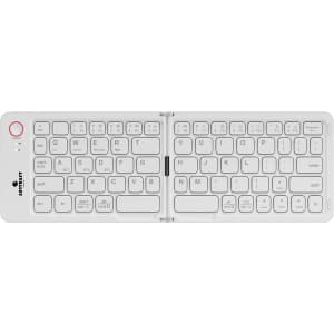 A wireless foldable keyboard in white, featuring a compact design and a small logo on the side.