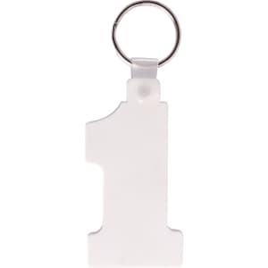 A white keyring shaped like the number one, complete with a metal keyring attachment.