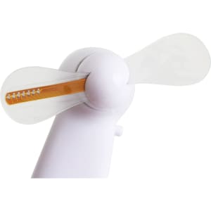 A white LED message fan with clear blades and an orange display section, designed for tech use.