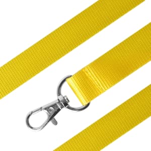 A bright yellow nylon lanyard featuring a metal clip for attaching badges or other items.