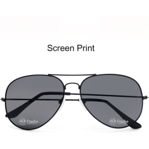 Classic aviator sunglasses with dark lenses and a sleek black metal frame. Features a logo on the side.