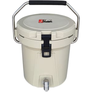 A cream-coloured ice bucket with a faucet and a sturdy handle. It features a locking mechanism and a logo.