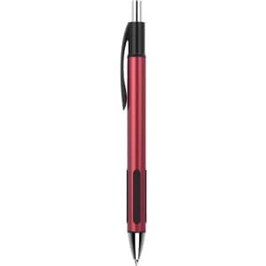 A plastic pen in a vibrant red colour with a black grip and clip, featuring a logo on the body.