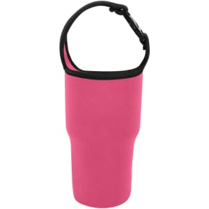 A drink bottle holder pouch in pink with a black trim and an adjustable strap. It has a logo.