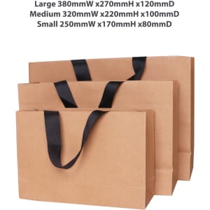 Three brown paper bags with flat black handles in various sizes: large, medium, and small.