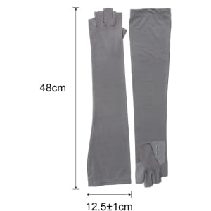 Long sleeve, fingerless gloves in grey, featuring a logo, measuring 48 cm in length and 12.5 cm in width.