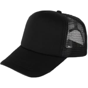 A black trucker cap featuring a solid front and mesh back, with an adjustable strap.