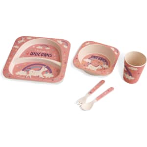 Bamboo fibre tableware set in pink, featuring a plate, bowl, cup, and utensils with unicorn designs.