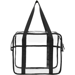 A clear tote hand bag with black straps, featuring a zip closure and an open design. It has a logo on the side.