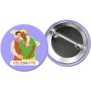 A purple button badge featuring an illustration of two people celebrating with a silver backing.
