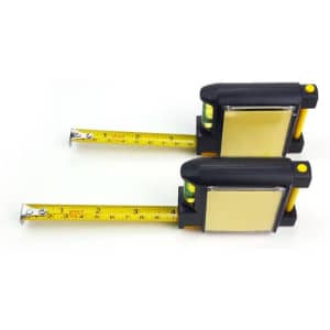 Two yellow and black multifunctional tape measures with a retractable measuring tape and a built-in level.