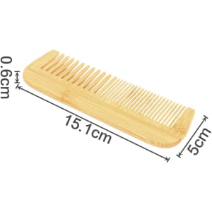 A mixed-tooth bamboo comb in natural wood colour, measuring 15.1 cm by 5 cm and 0.6 cm thick.