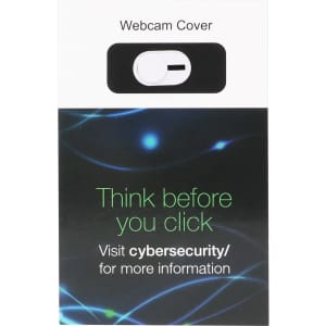 A black mini webcam cover with a sliding mechanism, presented on a white and green packaging background.