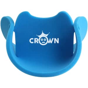 A blue Sponge Cow Boy Party Hat with a logo on the front. It has a unique curved design.