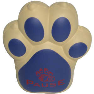 A paw-shaped stress reliever in cream and blue with a logo printed on the surface.