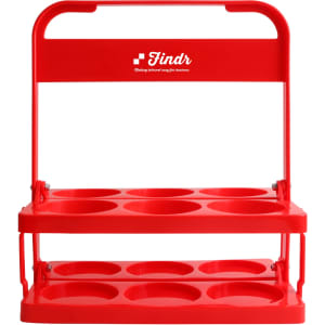 A red foldable beer basket with two levels and circular compartments, featuring a logo on the handle.