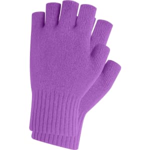 A pair of purple knitted fingerless gloves with a ribbed cuff and a woven label.