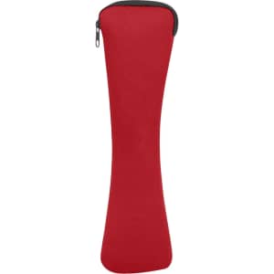 A red zippered pouch with a curved design for carrying items. It includes a logo.
