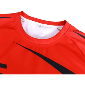 A red crew neck raglan sport T-shirt featuring black design elements and a logo. Made from 100% polyester micro mesh.