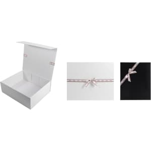 A white gift box with an adhesive ribbon bow in blush pink, displayed open and in close-up.