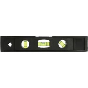 A black magnetic torpedo level featuring three vials with yellow fluid for measuring horizontal and vertical alignment.