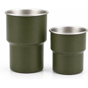 A stainless steel camping mug set in olive green, featuring a larger and smaller mug. Both have a silver interior and branding.
