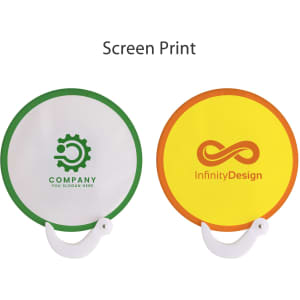 A 20cm foldable fan in white, yellow, and orange featuring two different printed designs and a handle.