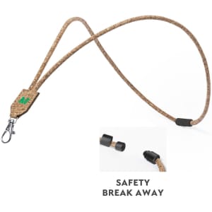 A cork lanyard in a natural brown colour with a key clip and safety breakaway feature. It has a logo on the attachment.