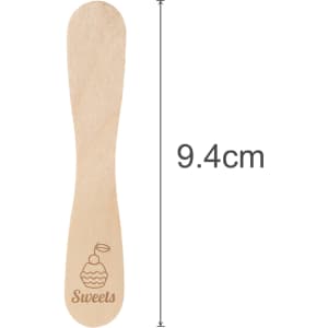 A pack of 100 wooden ice cream spoons, each 9.4cm long, featuring a light wood colour and a logo design.