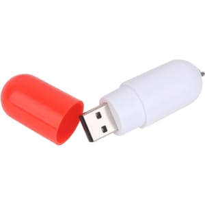 A pill-shaped flash drive in white with a red cap, featuring a USB connector visible. It has a logo.