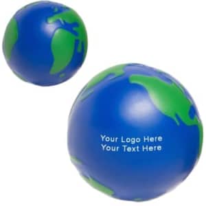 Two earth-shaped stress balls in blue and green, featuring a logo on one side.