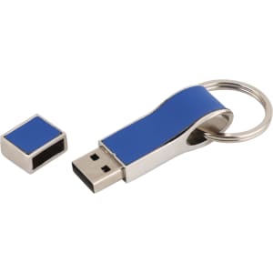 A blue metal flash drive with a keyring attachment, accompanied by a small protective cap.
