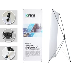 A medium X-frame banner in white with a black frame, featuring hardware components on the side.