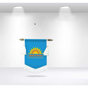 A blue podium flag with tassels and a gold sun graphic, featuring a logo at the centre, hanging in a display.