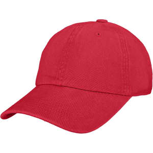 A red premium washed cotton baseball cap featuring a curved brim and a fitting band. It has a logo.