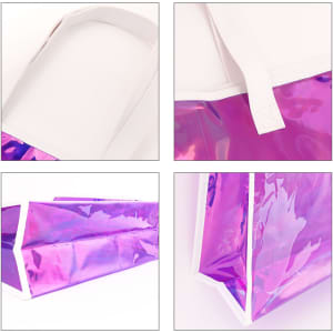 A purple and clear PVC handbag with white straps, featuring a glossy finish and a structured base.