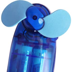 A transparent blue handy fan with two light blue blades and visible inner components. It features a logo.