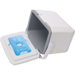 A white 6L cooler box with a removable blue ice pack inside and an open lid, featuring a logo on the front.