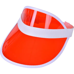 A red PVC sunscreen hat with a clear visor and a white band. It features a logo on the band.