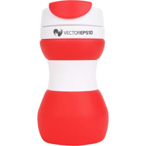 A drink bottle made of silicone, featuring a collapsible design, primarily red and white, with a logo on it.