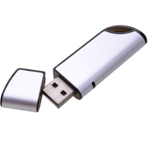 A silver flash drive with a removable cap, featuring a sleek design and a small branding logo.