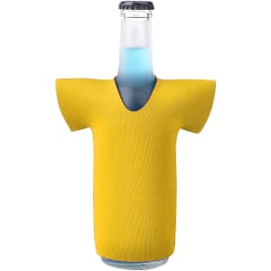 A drink bottle covered in a yellow jersey-style cooler with short sleeves and a V-neck design.