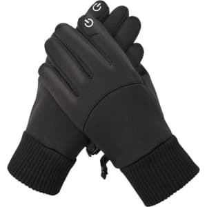 A pair of black touchscreen winter gloves with ribbed cuffs and power buttons on the fingertips.