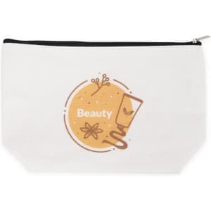 A white canvas cosmetic bag with a black zipper and a decorative beauty design featuring floral elements.