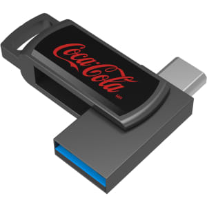 A black and silver USB flash drive with a logo, featuring a blue connector end.