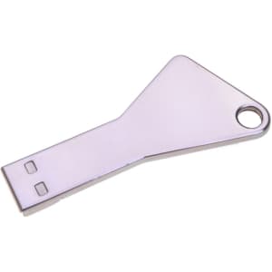 A silver flash drive shaped like a key, featuring a loop for attachment and a sleek design.