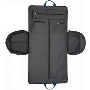 A grey Convertible Duffel Bag to Garment Bag with multiple pockets and a logo. The bag is laid flat with compartments open.