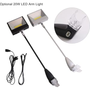Two optional 20W LED arm lights in black and silver, with attached cables for connection.